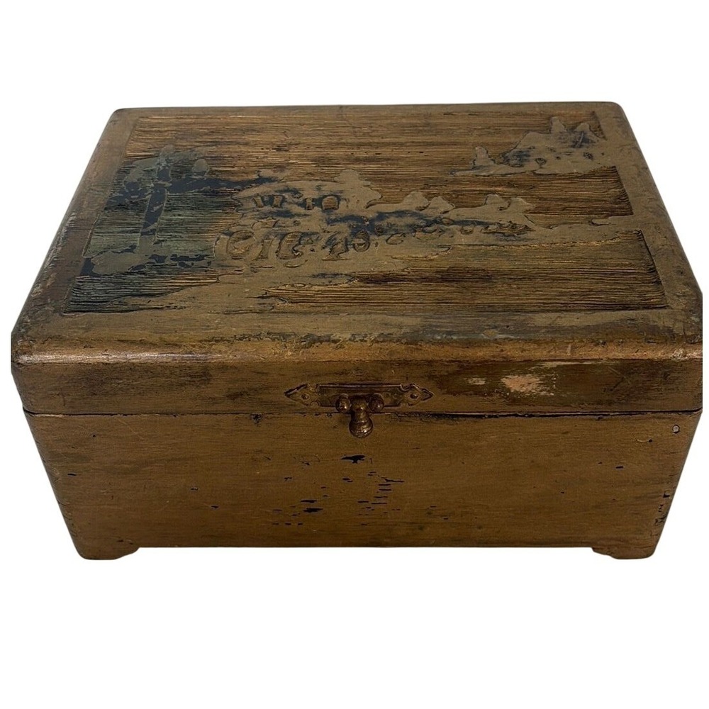 Pilliod Art Box Wooden Jewelry Chest Reverse Edged Glass Mirror Vintage